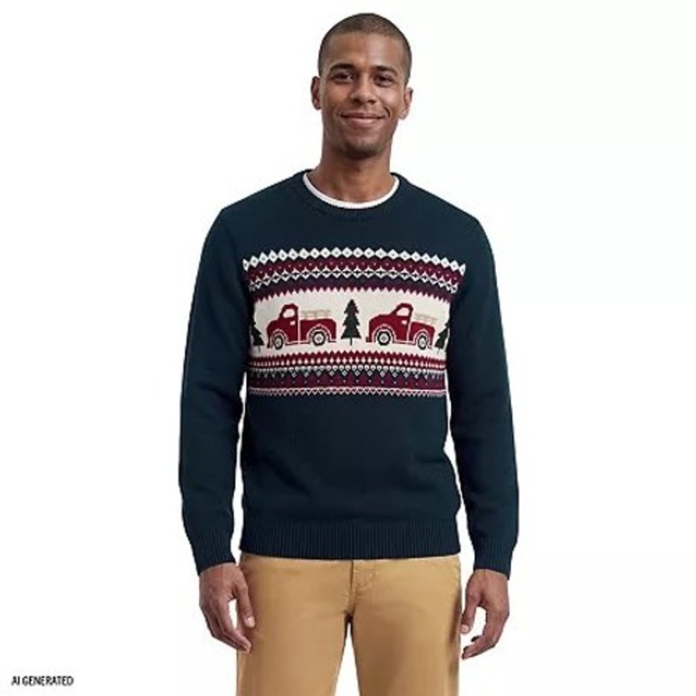 NWT IZOD Mens Navy Blue Fair Isle Christmas Sweater Red Truck Holiday Knit SZ. L